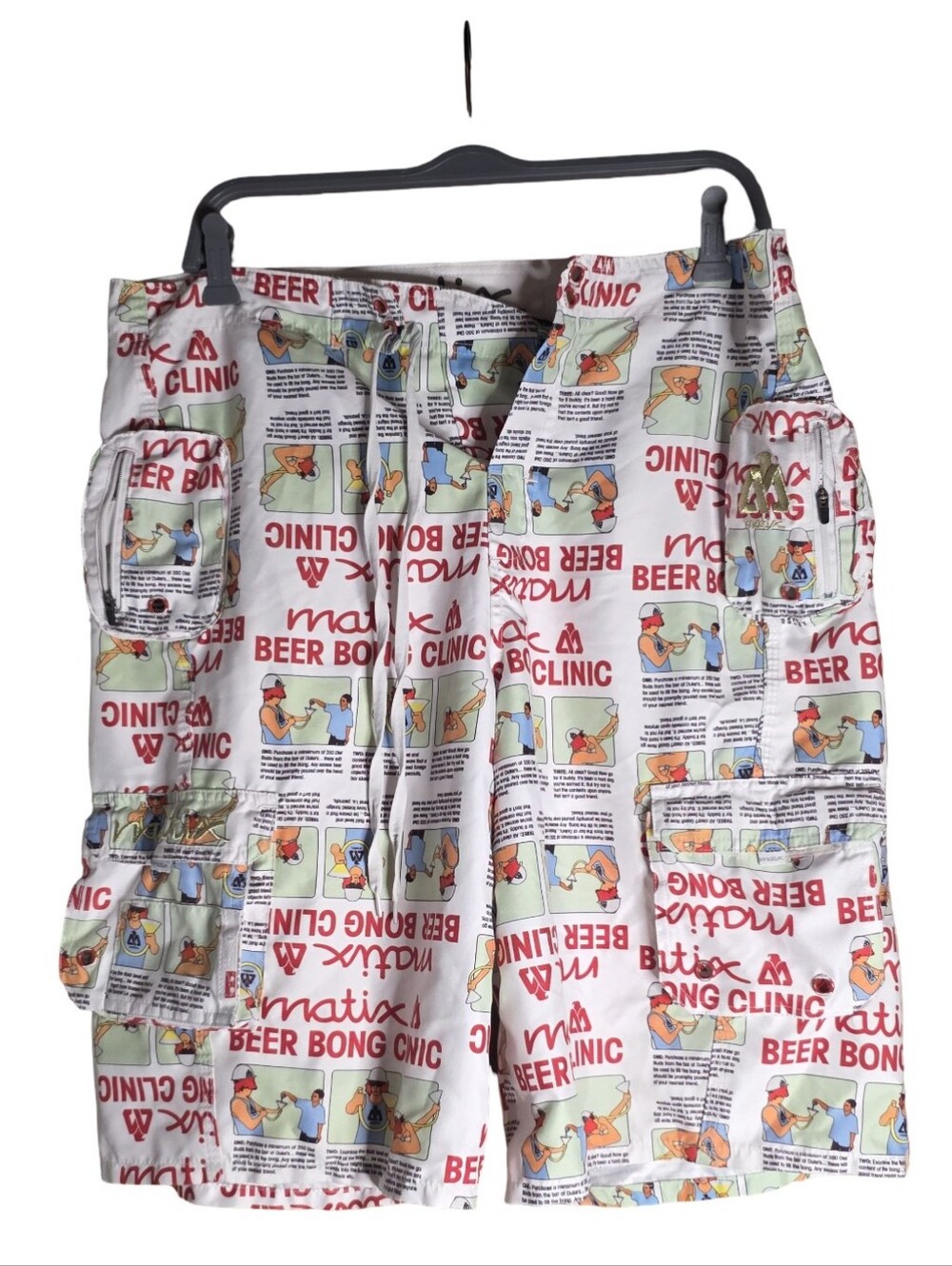 Matix Beer Bong Clinic Cargo Board Shorts Men’s Size 34 Novelty Graphic Swim